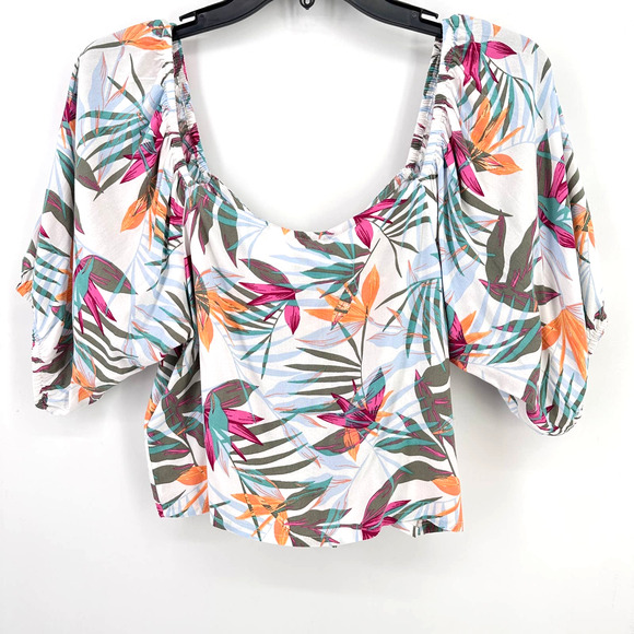 Roxy Pure Sugar Puff Sleeve Crop Top Shirt Size Small Tropical Floral Print - Picture 7 of 9